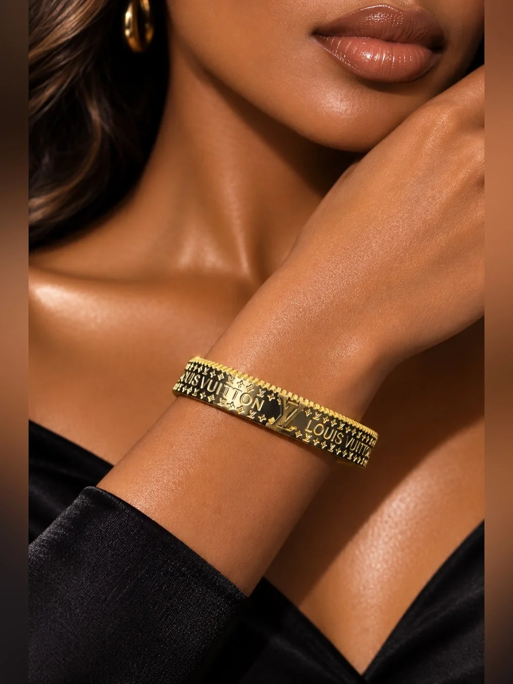 Gold LV Monogram Hinged Bangle Bracelet